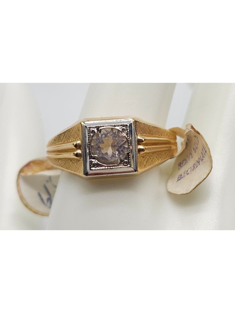 Vintage Karatclad Mens Ring With Clear Stone 18K HGE Marked Size 12.5 Textured